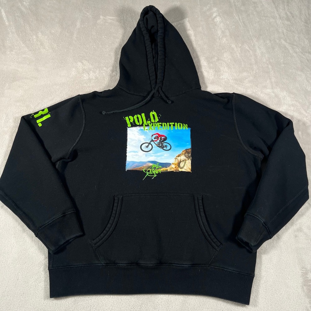 Polo Ralph Lauren Hoodie Men's Large Black Polo Expedition Mountain Bike Graphic